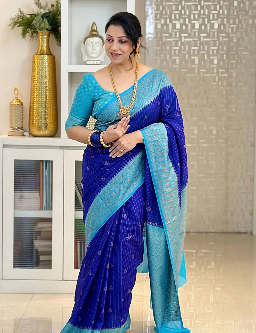 "Blue Banarasi Kathan Gorgette Silk Saree with free Tassel"
