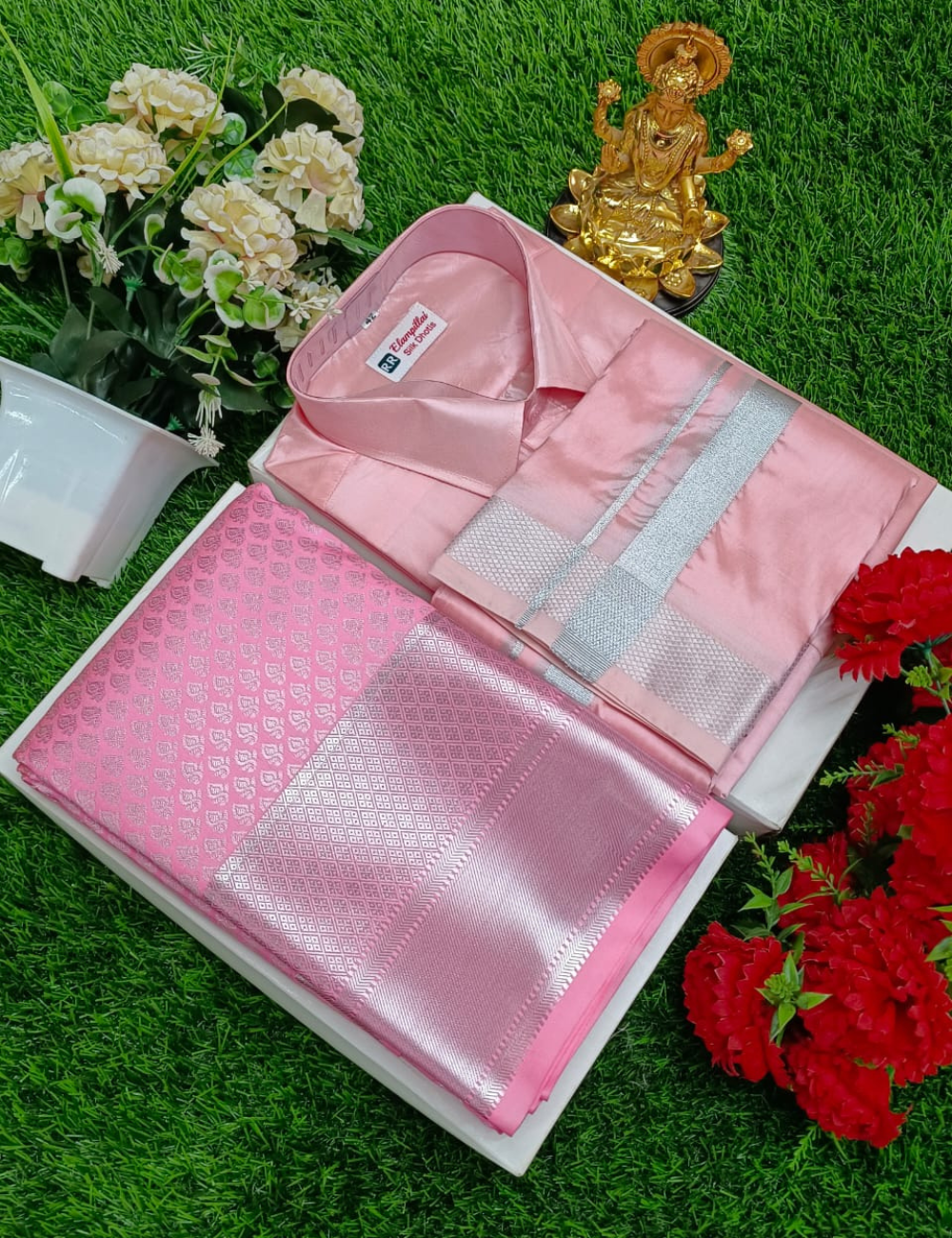 Premium Pink Wedding Silk Saree with Veshti & Shirt Combo