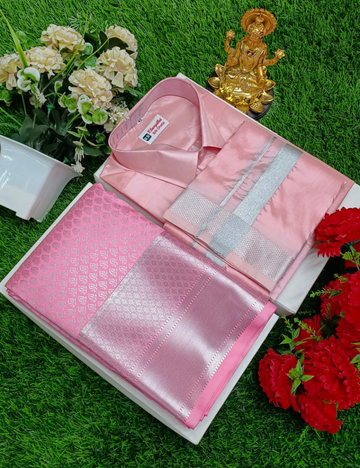 Premium Pink Wedding Silk Saree with Veshti & Shirt Combo