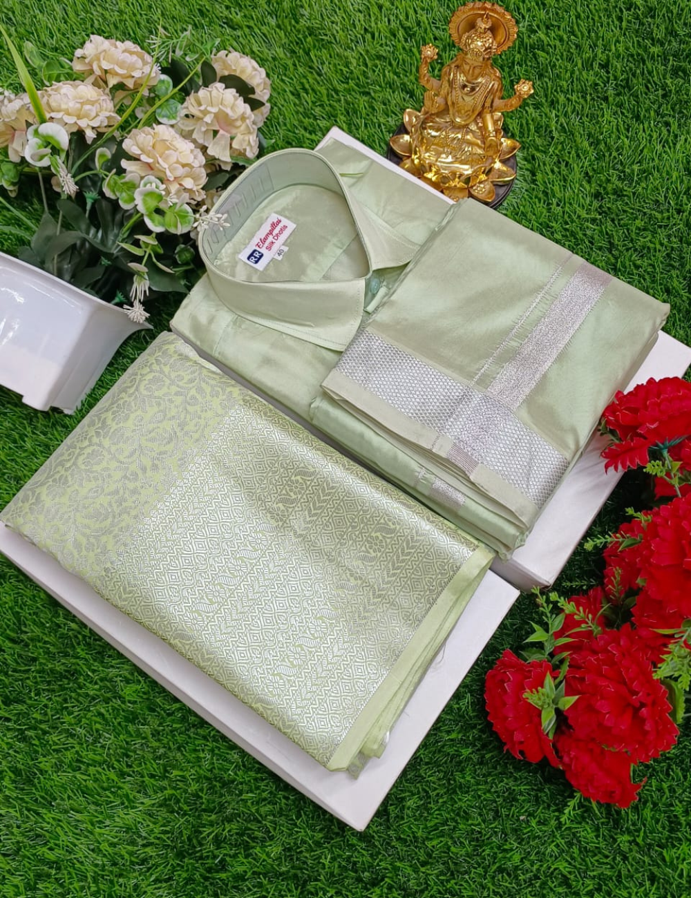Premium Pastel Green Wedding Silk Saree with Veshti & Shirt Combo Set