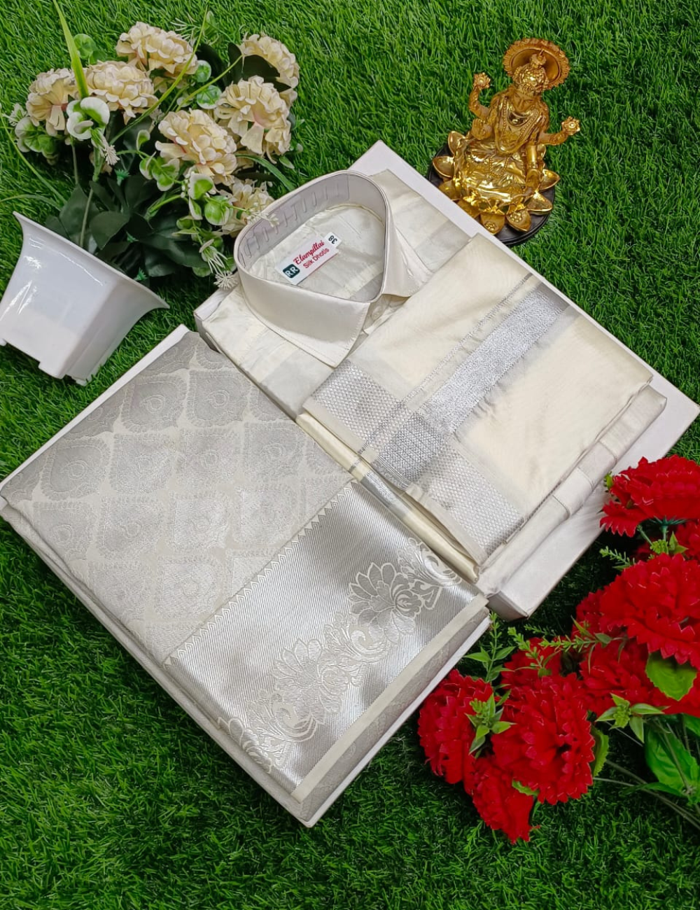 Premium Silver Wedding Silk Saree with Veshti & Shirt Combo Set