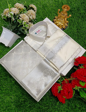 Premium Silver Wedding Silk Saree with Veshti & Shirt Combo Set