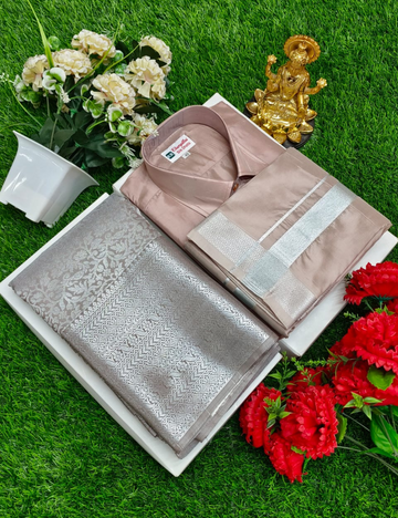 Premium Dark Peach Wedding Silk Saree with Veshti & Shirt Combo Set
