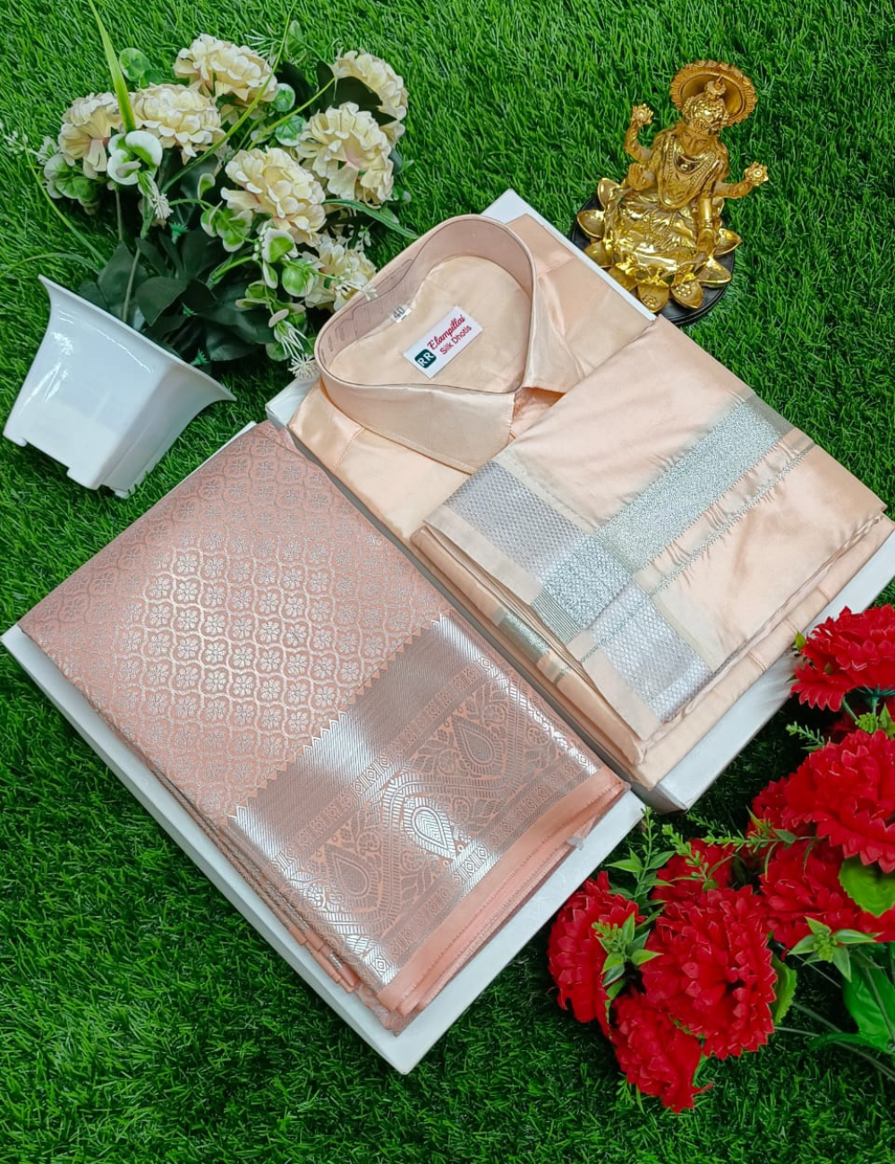 Premium Peach Wedding Silk Saree with Veshti & Shirt Combo Set