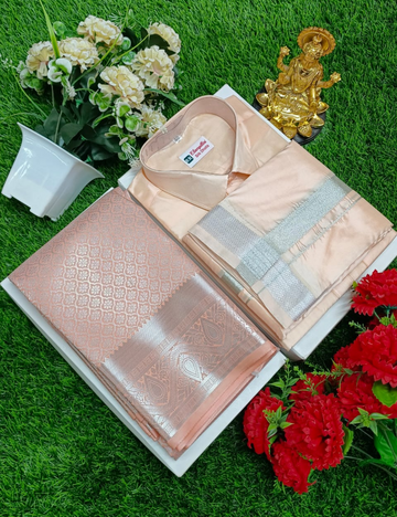Premium Peach Wedding Silk Saree with Veshti & Shirt Combo Set