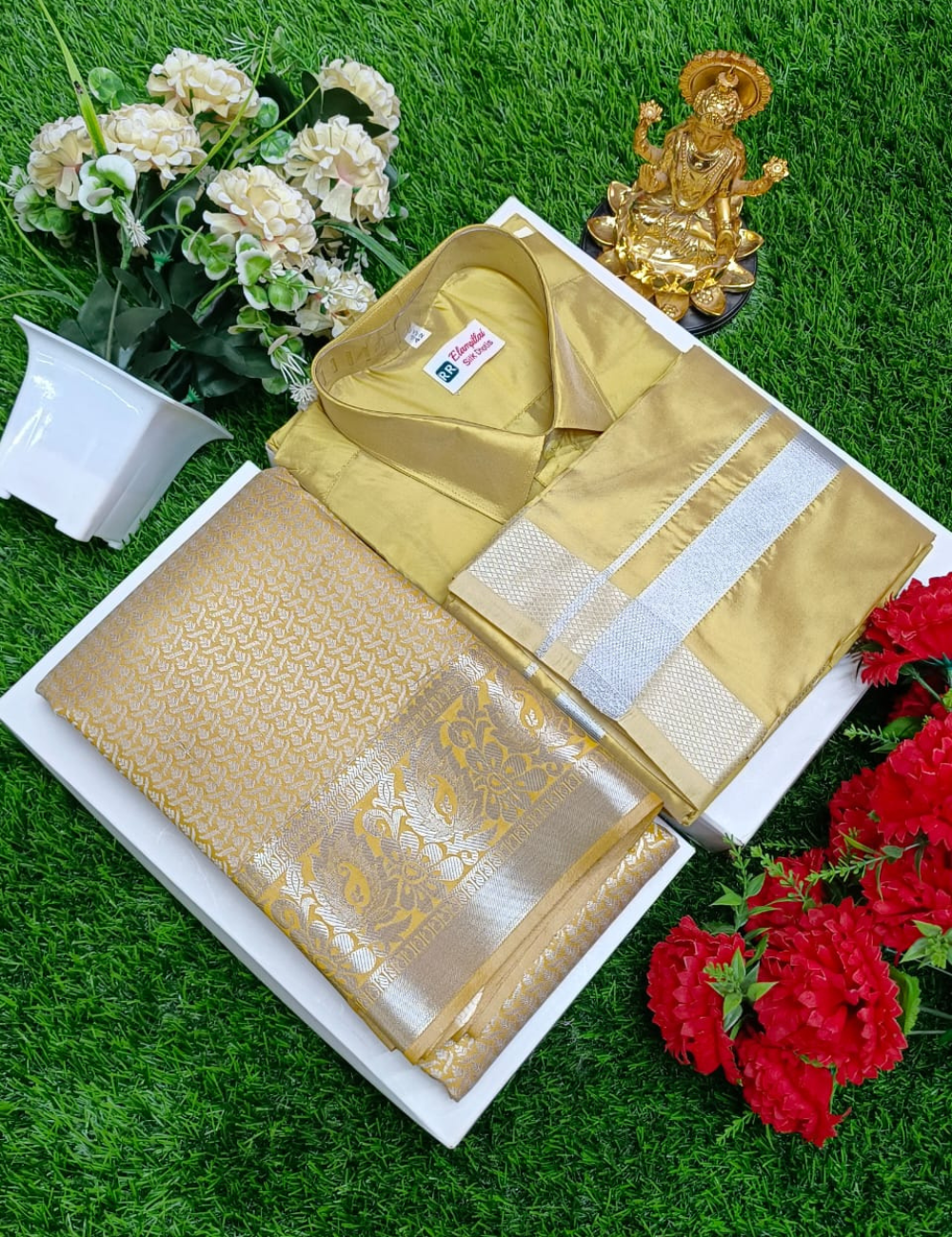 Premium Gold Wedding Silk Saree with Veshti & Shirt Combo Set