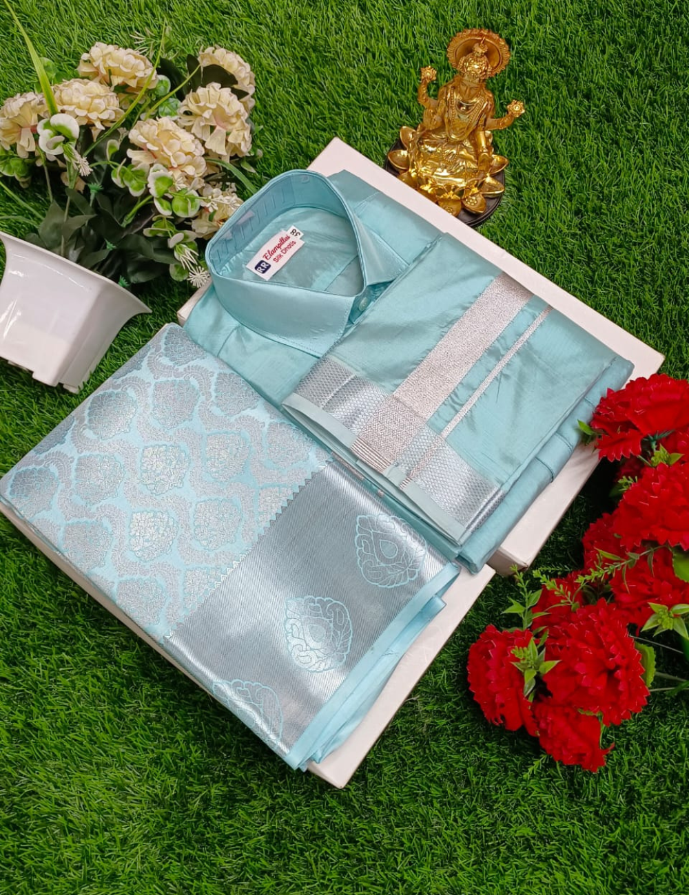 Premium Light Blue Wedding Silk Saree with Veshti & Shirt Combo Set