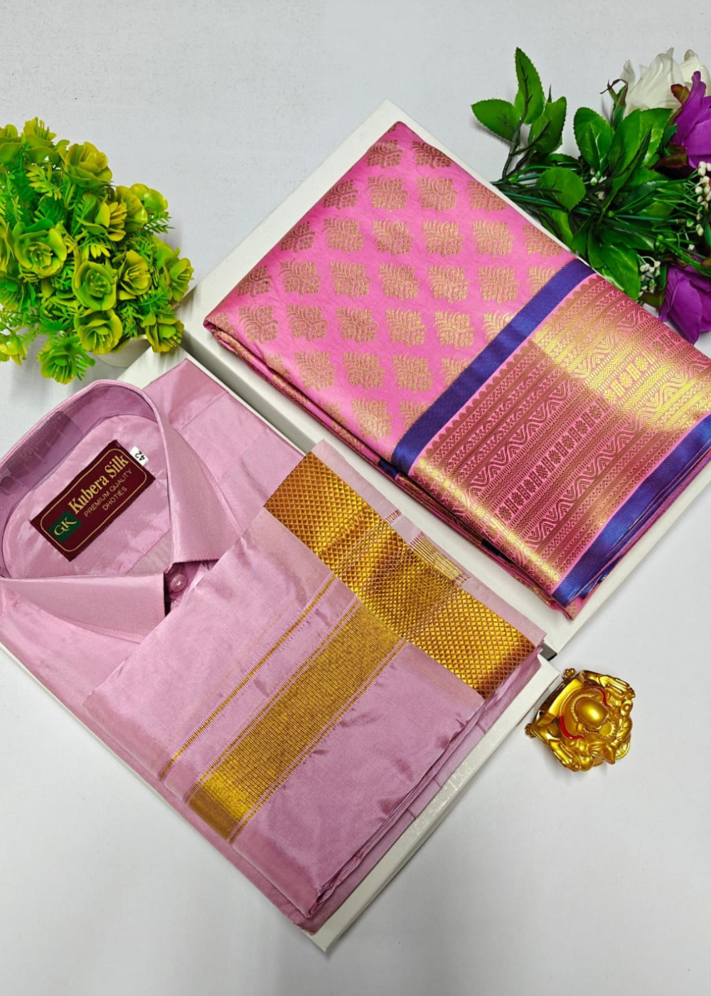 Premium Light Pink Wedding Silk Saree with Veshti & Shirt Combo Set