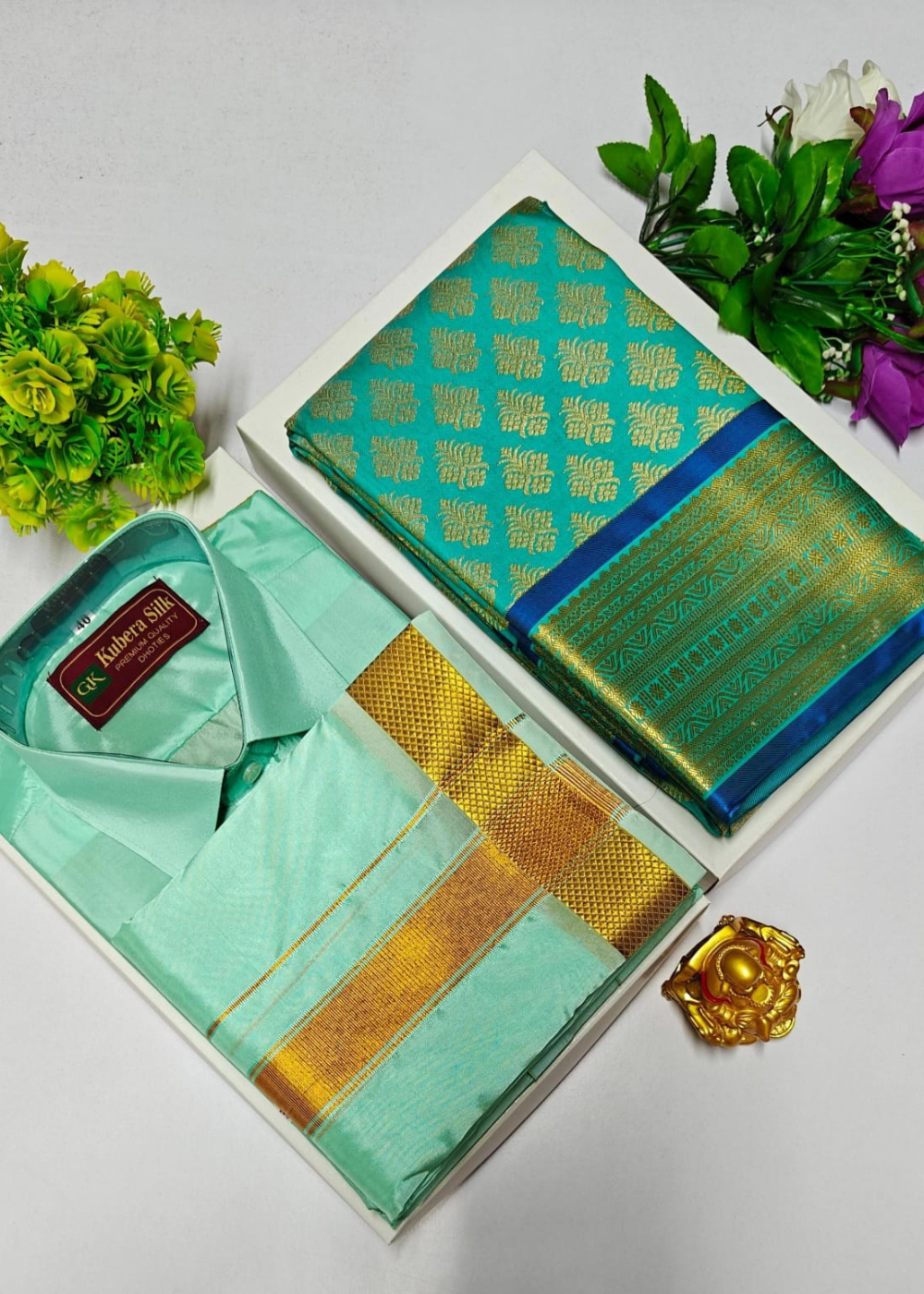 Premium Light green Wedding Silk Saree with Veshti & Shirt Combo Set