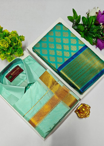 Premium Light green Wedding Silk Saree with Veshti & Shirt Combo Set