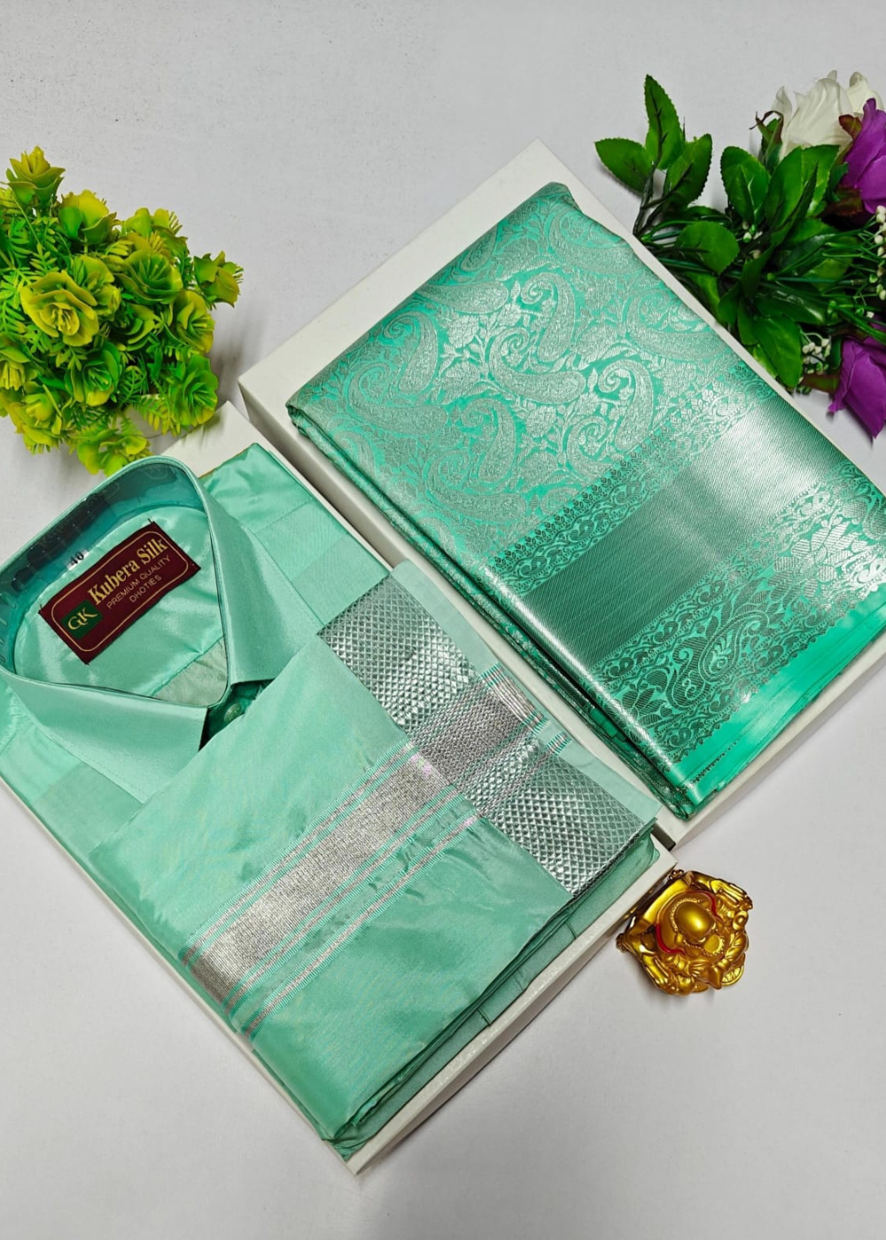 Premium Light green Wedding Silk Saree with Veshti & Shirt Combo Set