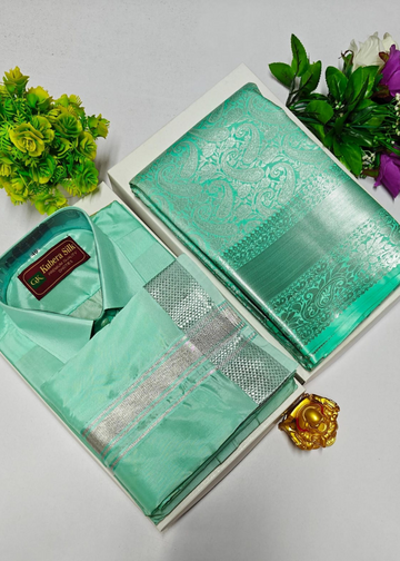 Premium Light green Wedding Silk Saree with Veshti & Shirt Combo Set