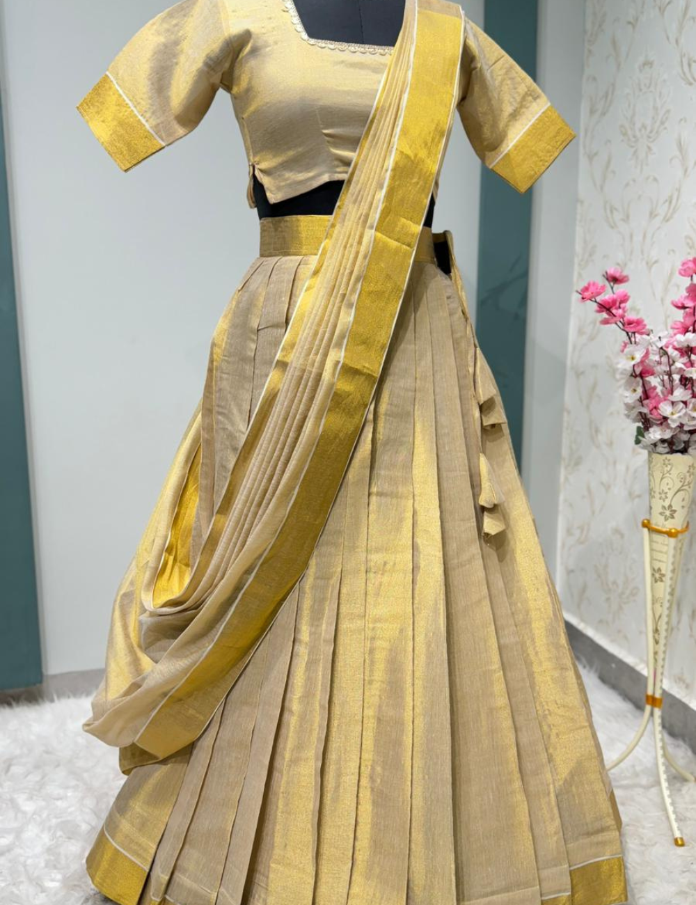 Traditional Kerala Tissue Half Saree – Onam Collection