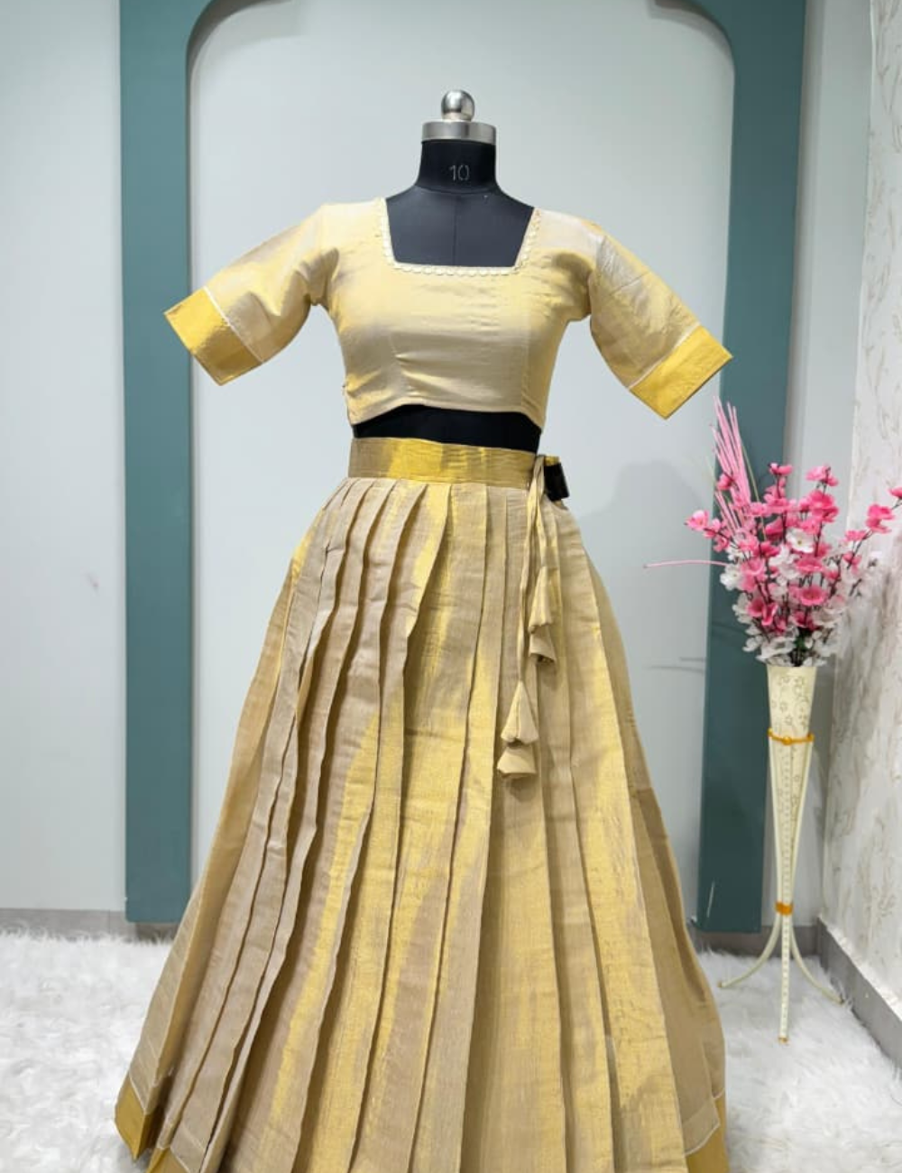 Traditional Kerala Tissue Half Saree – Onam Collection