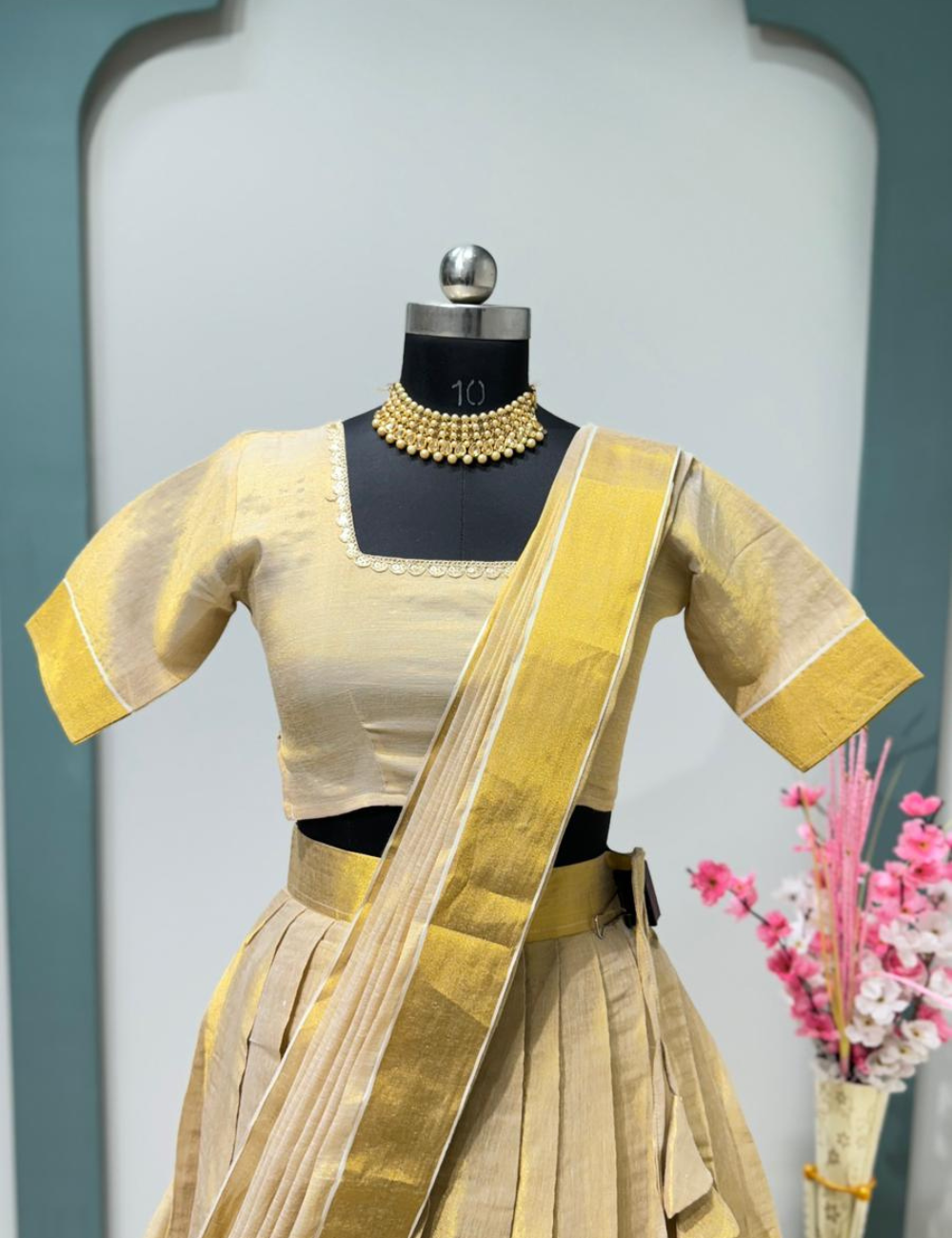 Traditional Kerala Tissue Half Saree – Onam Collection