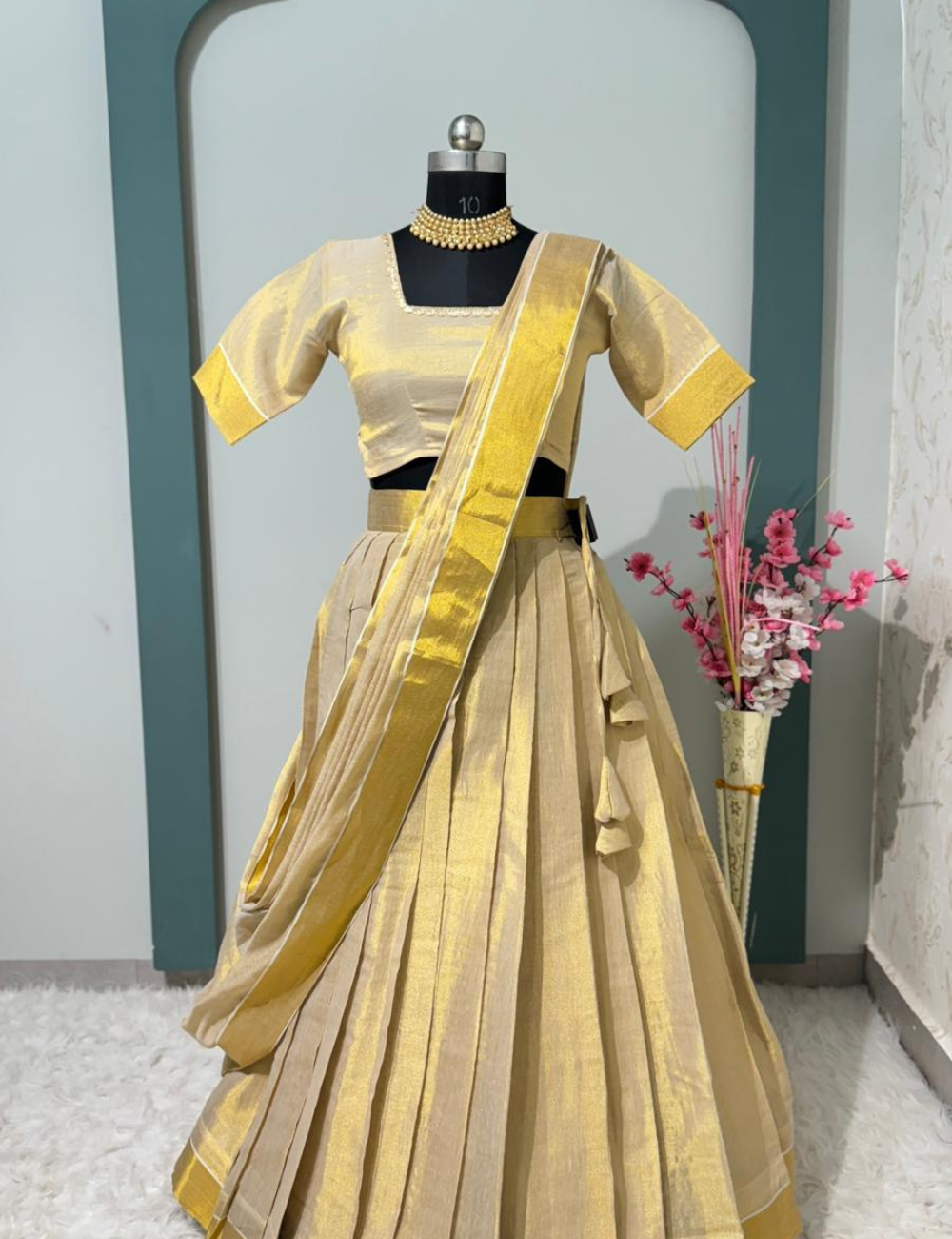 Traditional Kerala Tissue Half Saree – Onam Collection