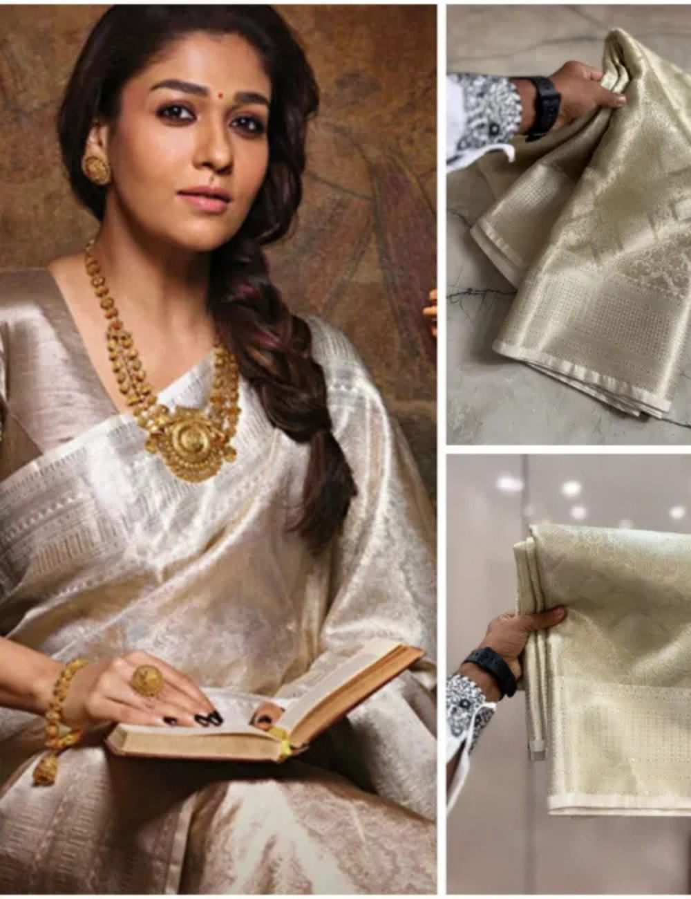 "Nayanthara Inspired Kanjeevaram – Silver Zari Tissue Silk Elegance