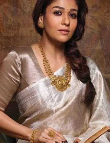 "Nayanthara Inspired Kanjeevaram – Silver Zari Tissue Silk Elegance
