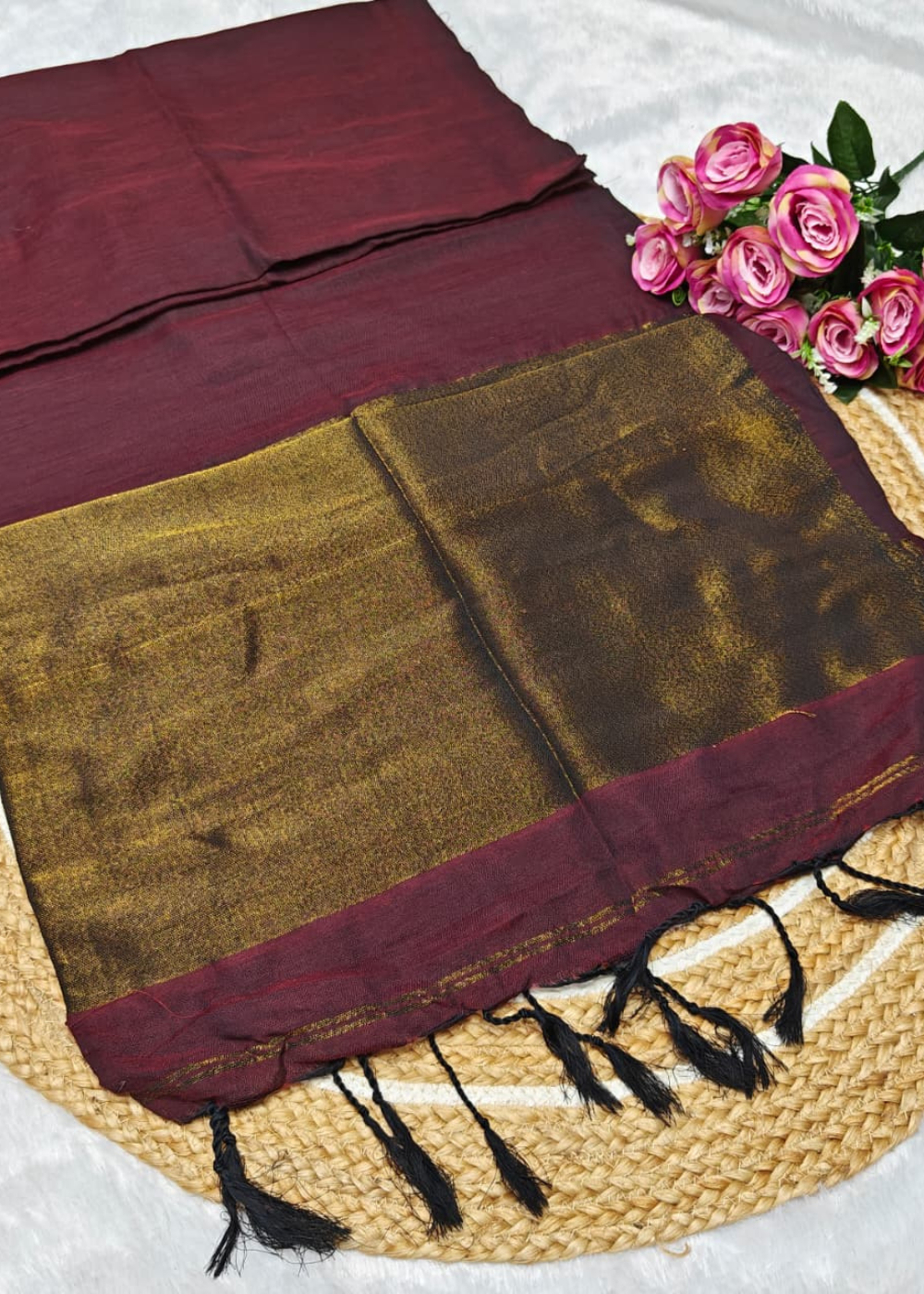 Nayanthara Maroon Handloom Saree with Gold Zari Pallu