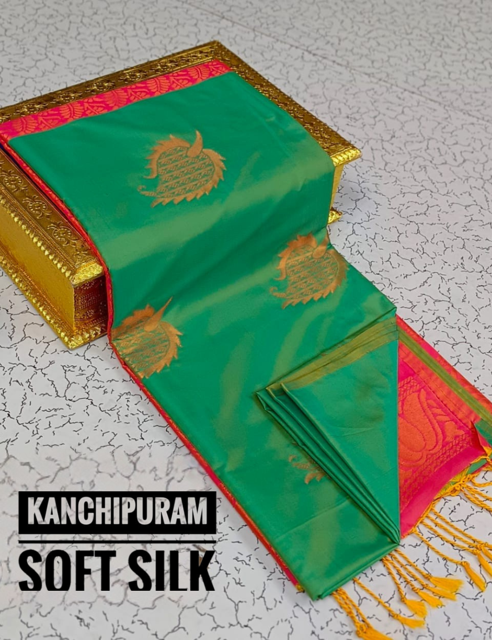 "Kanjeevaram Soft Silk Saree – Regal Peacock Green Elegance"
