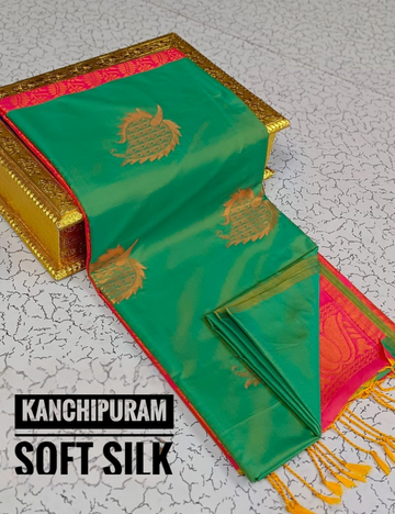 "Kanjeevaram Soft Silk Saree – Regal Peacock Green Elegance"
