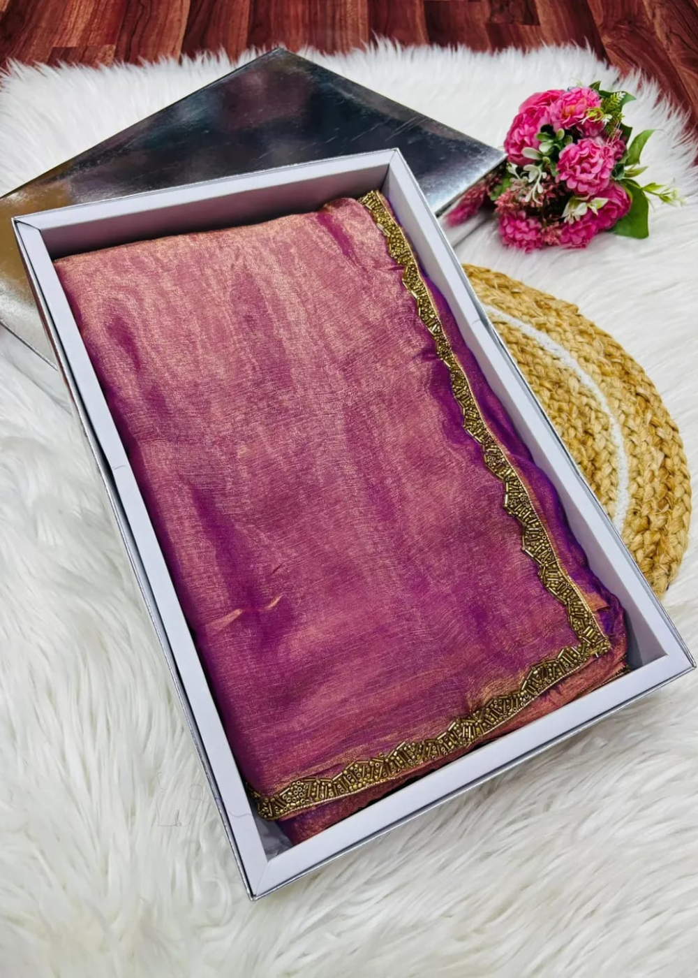 Shimmering Splendor: Space Silk Sarees with Motti Embellishments