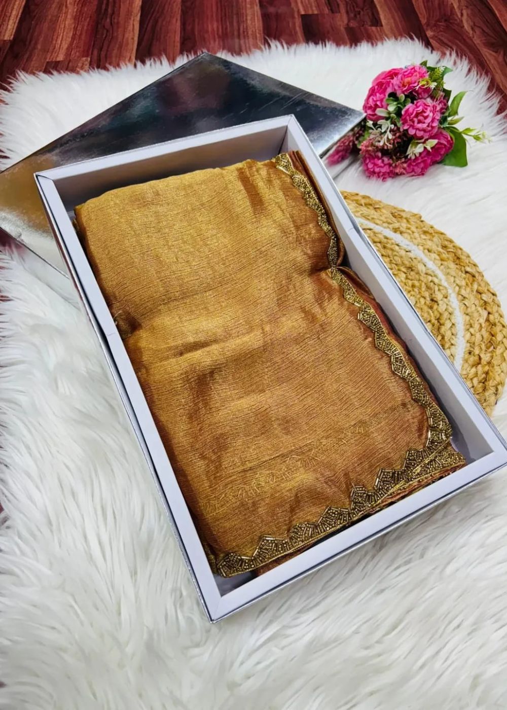 Shimmering Splendor: Space Silk Sarees with Motti Embellishments