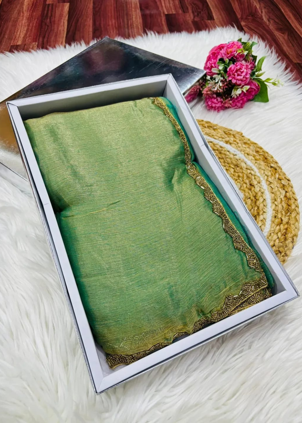 Shimmering Splendor: Space Silk Sarees with Motti Embellishments