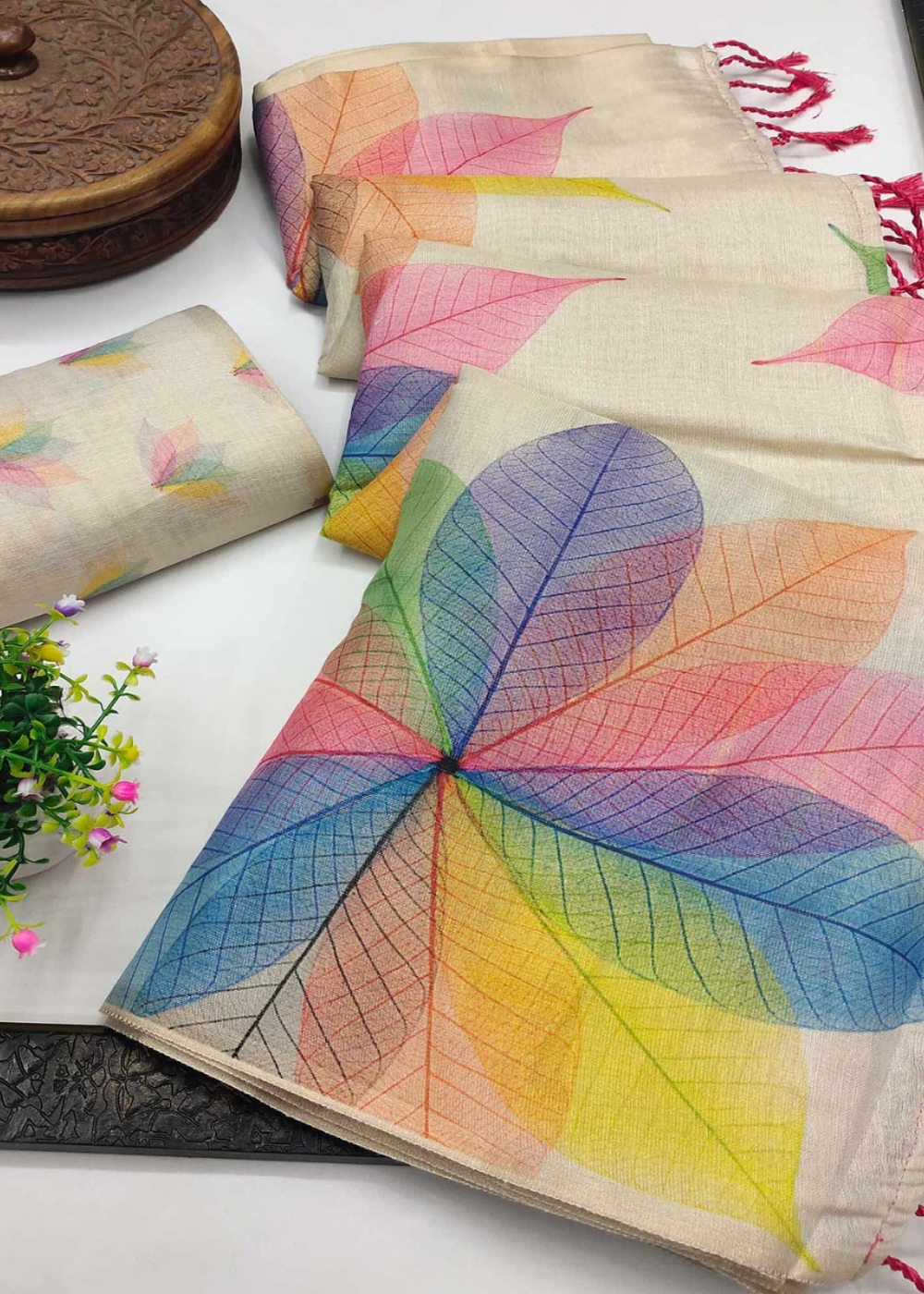 Light Chikoo Floral Printed Art Tissue Silk Saree With Tassels