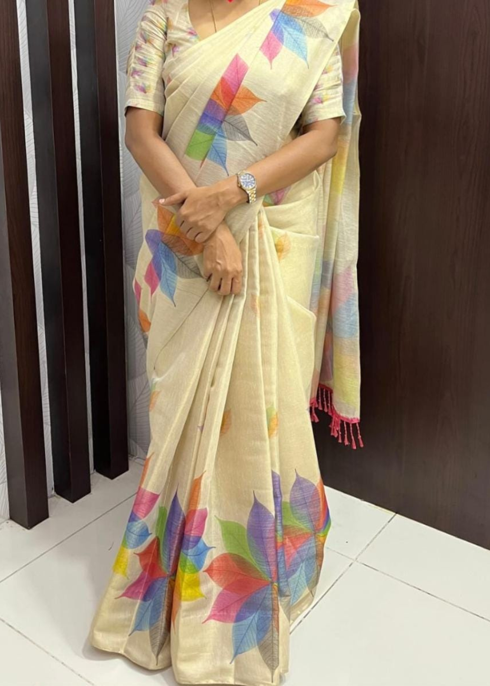Light Chikoo Floral Printed Art Tissue Silk Saree With Tassels