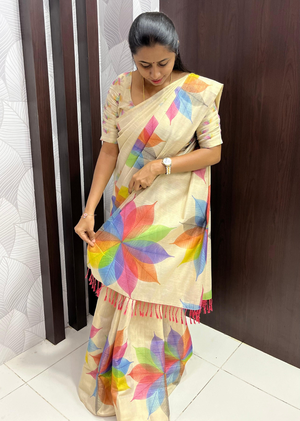Light Chikoo Floral Printed Art Tissue Silk Saree With Tassels