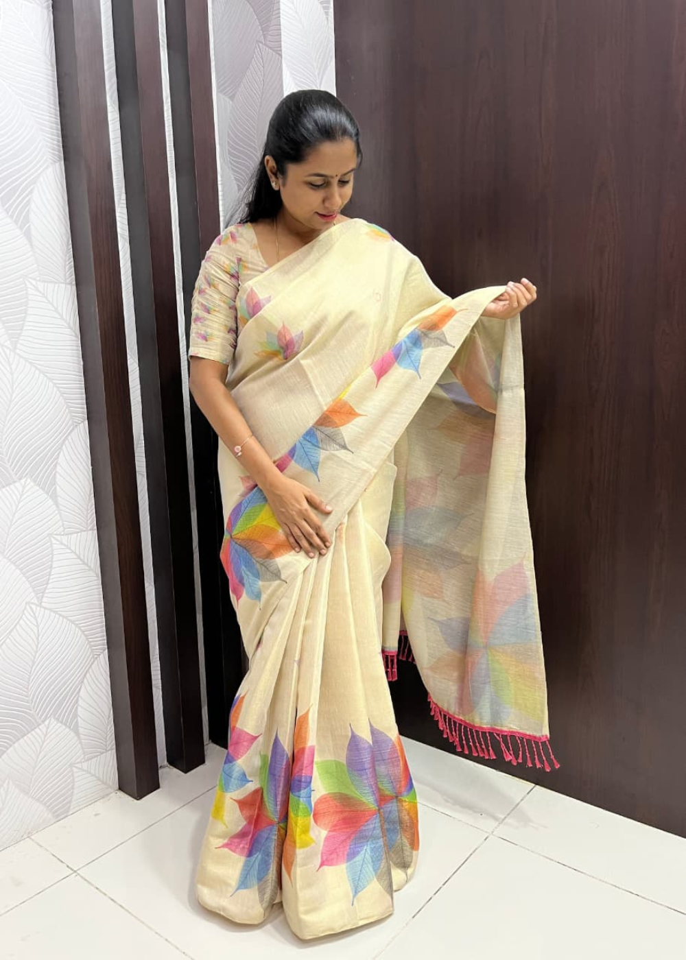 Light Chikoo Floral Printed Art Tissue Silk Saree With Tassels