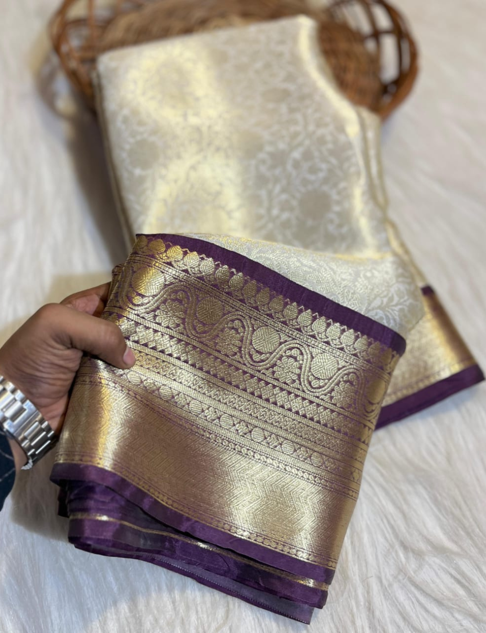 “Bridal Katan Tissue Silk Saree – Half White with Brown Elegance”