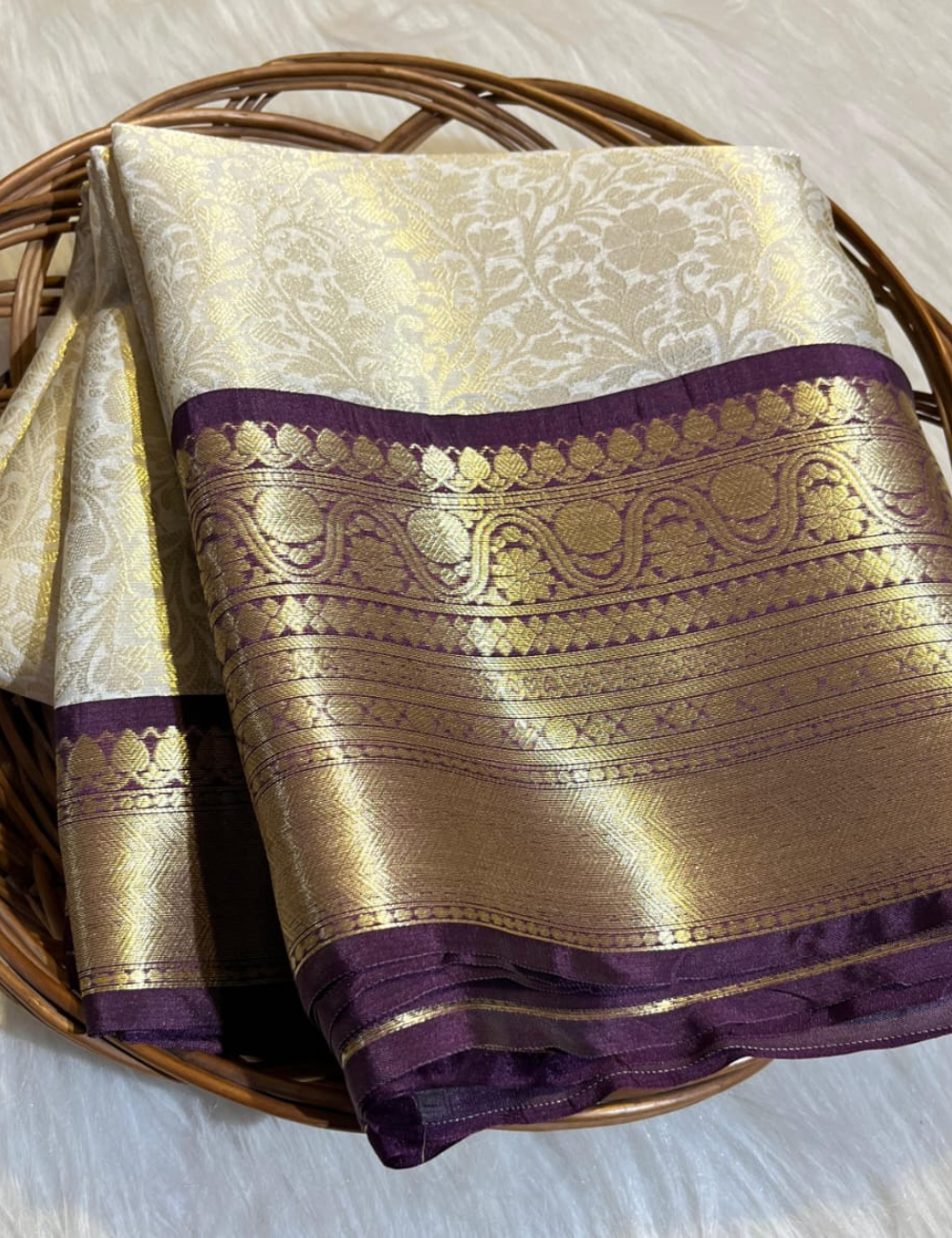“Bridal Katan Tissue Silk Saree – Half White with Brown Elegance”