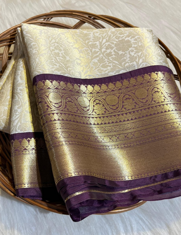 “Bridal Katan Tissue Silk Saree – Half White with Brown Elegance”