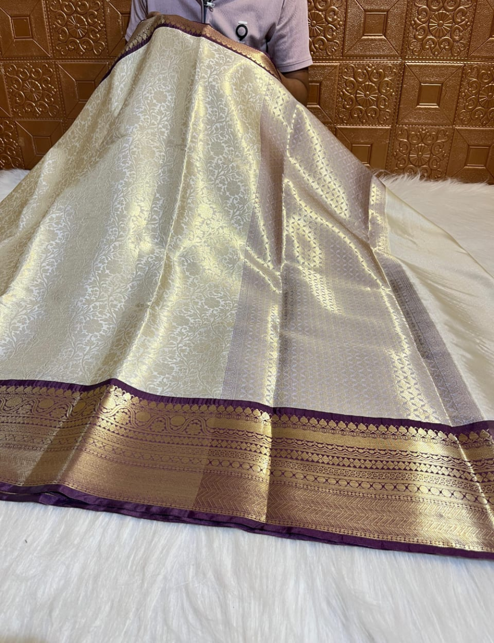 “Bridal Katan Tissue Silk Saree – Half White with Brown Elegance”