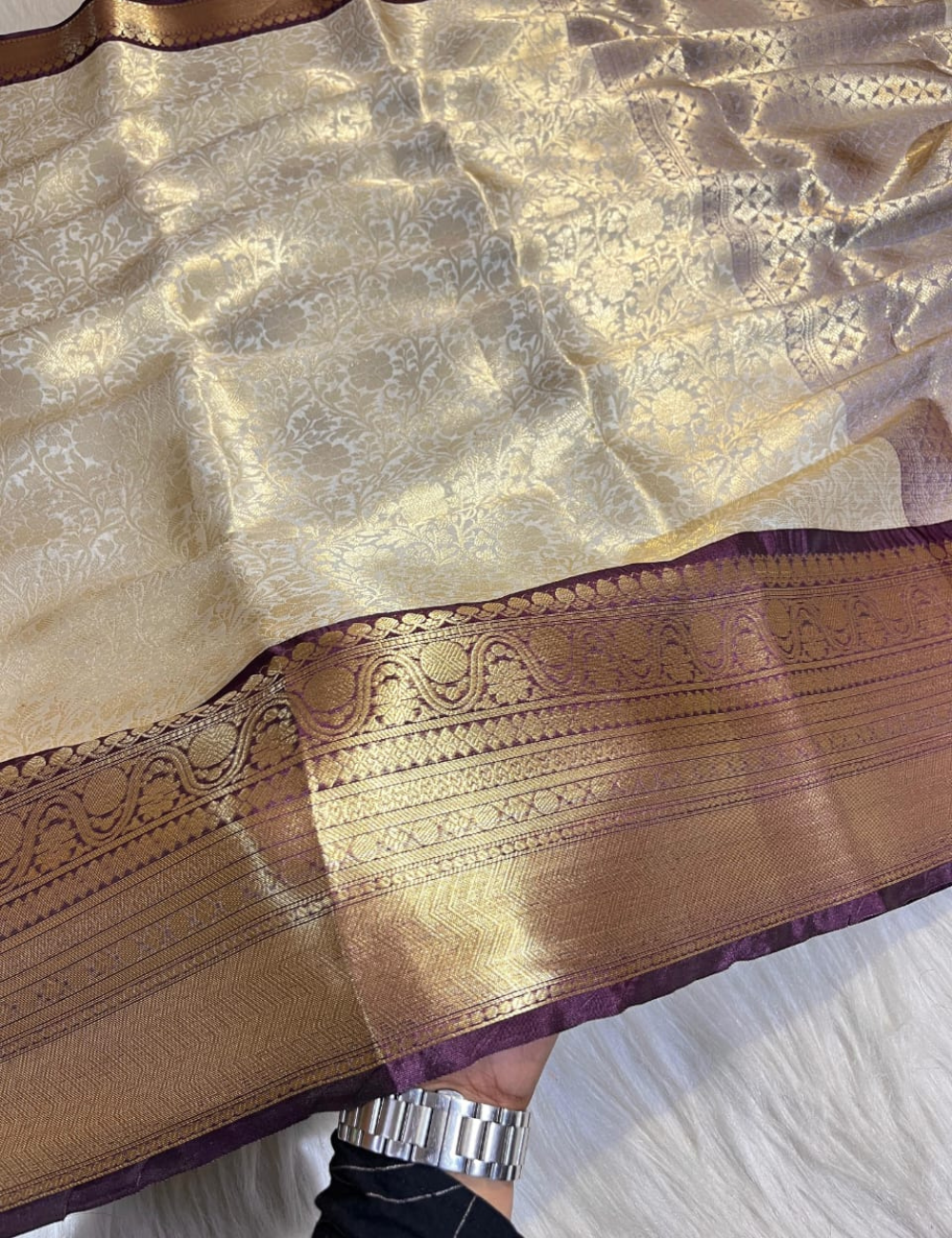 “Bridal Katan Tissue Silk Saree – Half White with Brown Elegance”