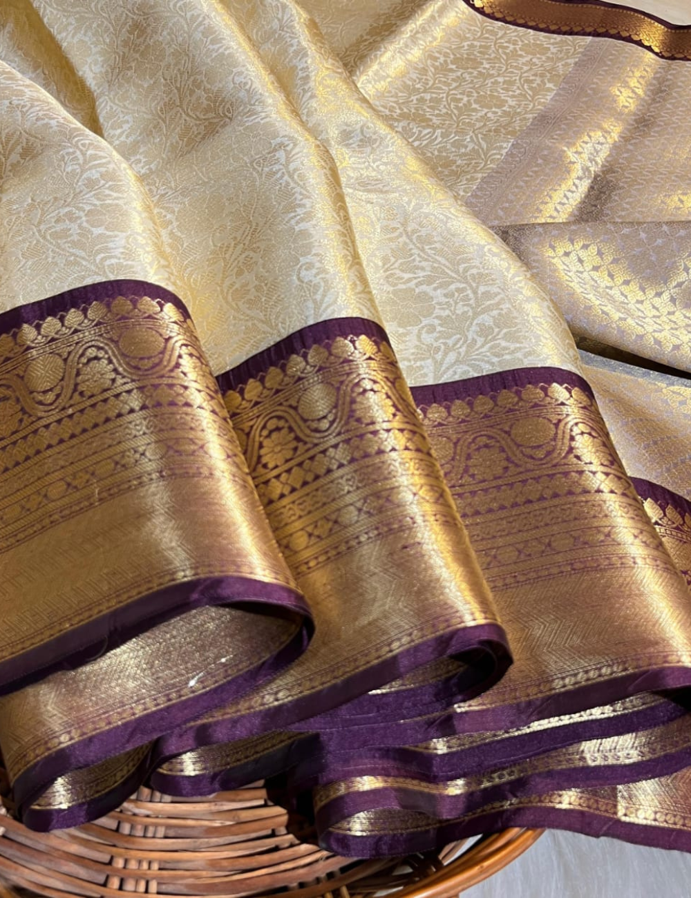 “Bridal Katan Tissue Silk Saree – Half White with Brown Elegance”