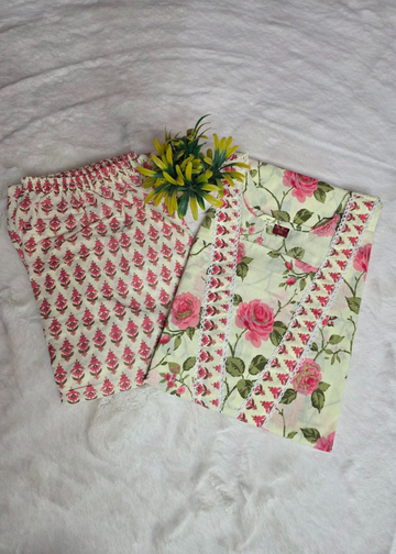 Daily Wear Cotton white with pink Kurti With Matching Pant