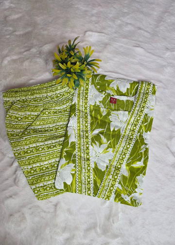 Daily Wear Cotton Leaf green Kurti with Matching Pant
