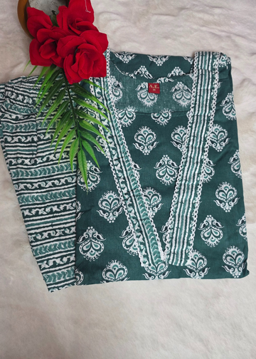 Daily Wear Cotton Dark Teal Kurti with Matching Pant