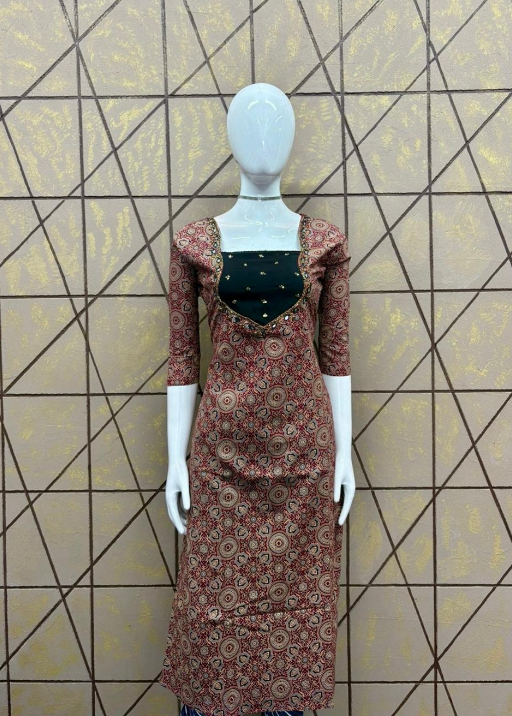 Premium Cotton A-Line Ajrak Aariwork Kurti with Elegant