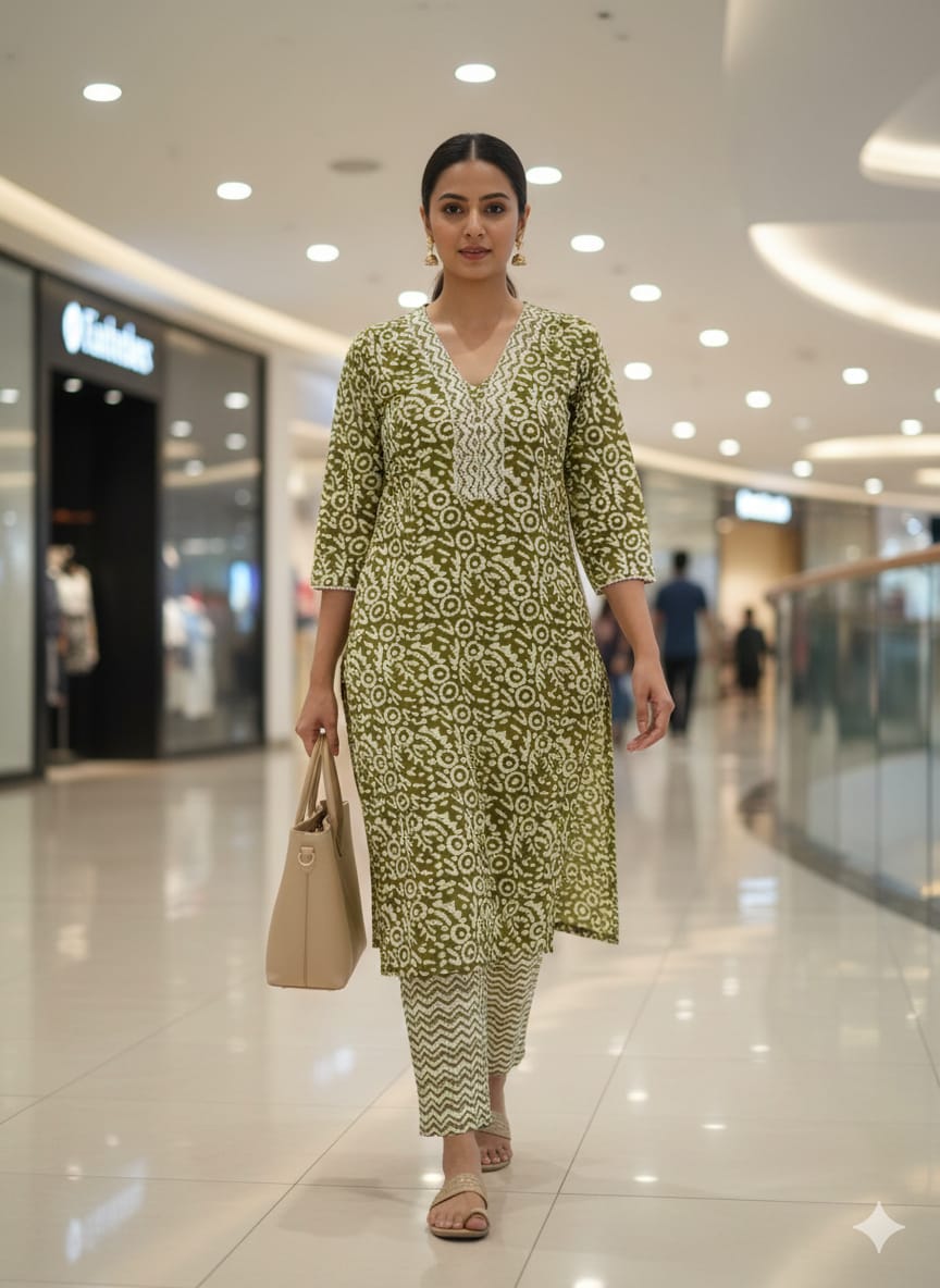 Daily Wear Cotton green Kurti with Matching Pant