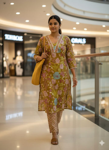 Daily Wear Cotton Gold Kurti With Matching Pant