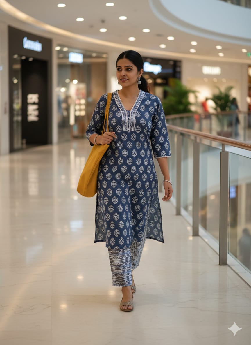 Daily Wear Cotton Teal Blue Kurti With Matching Pant