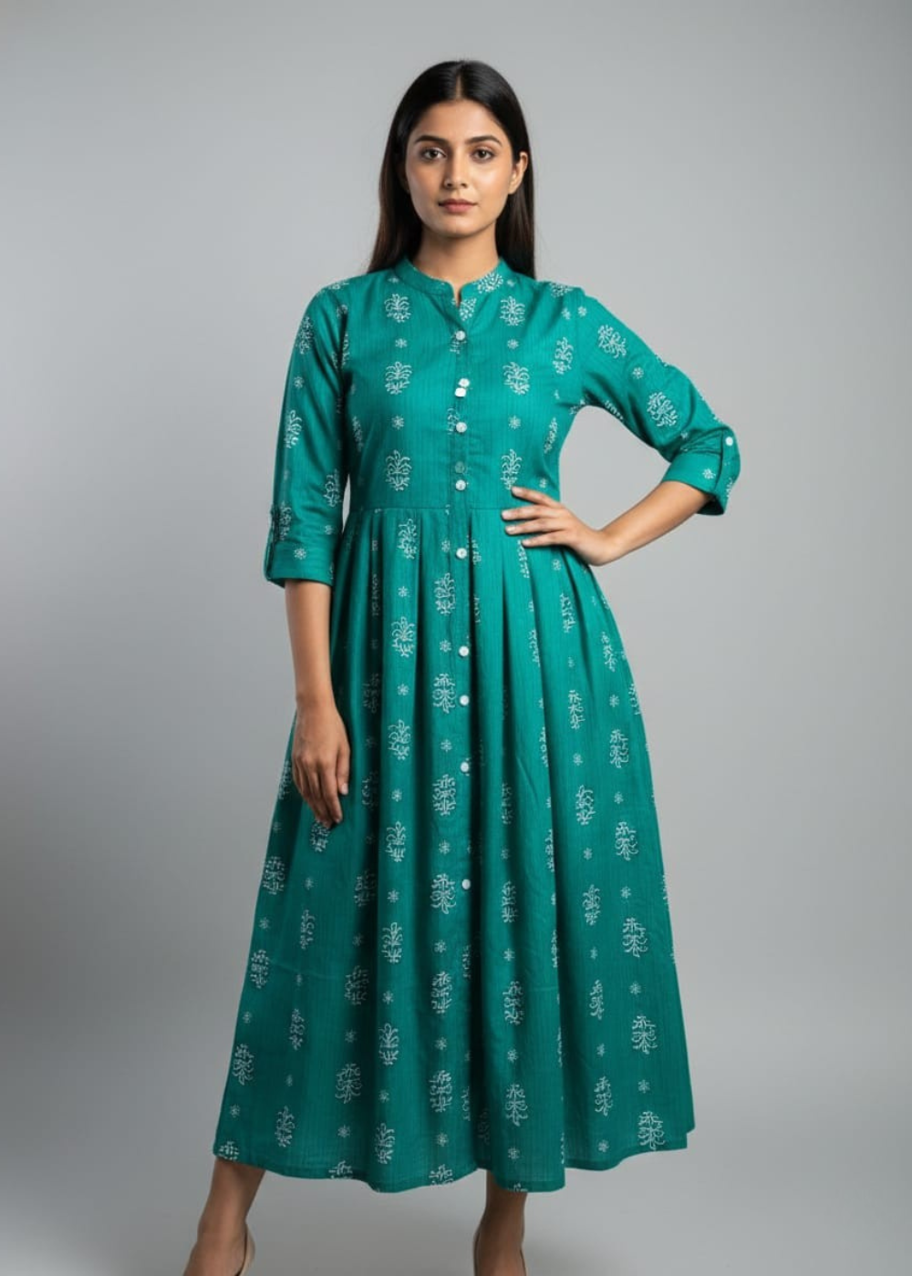 Flowy A-Line Pure Cotton Peacock Green Umbrella Kurti