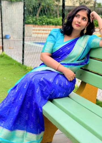 Blue Banarasi Kathan Gorgette Silk Saree
