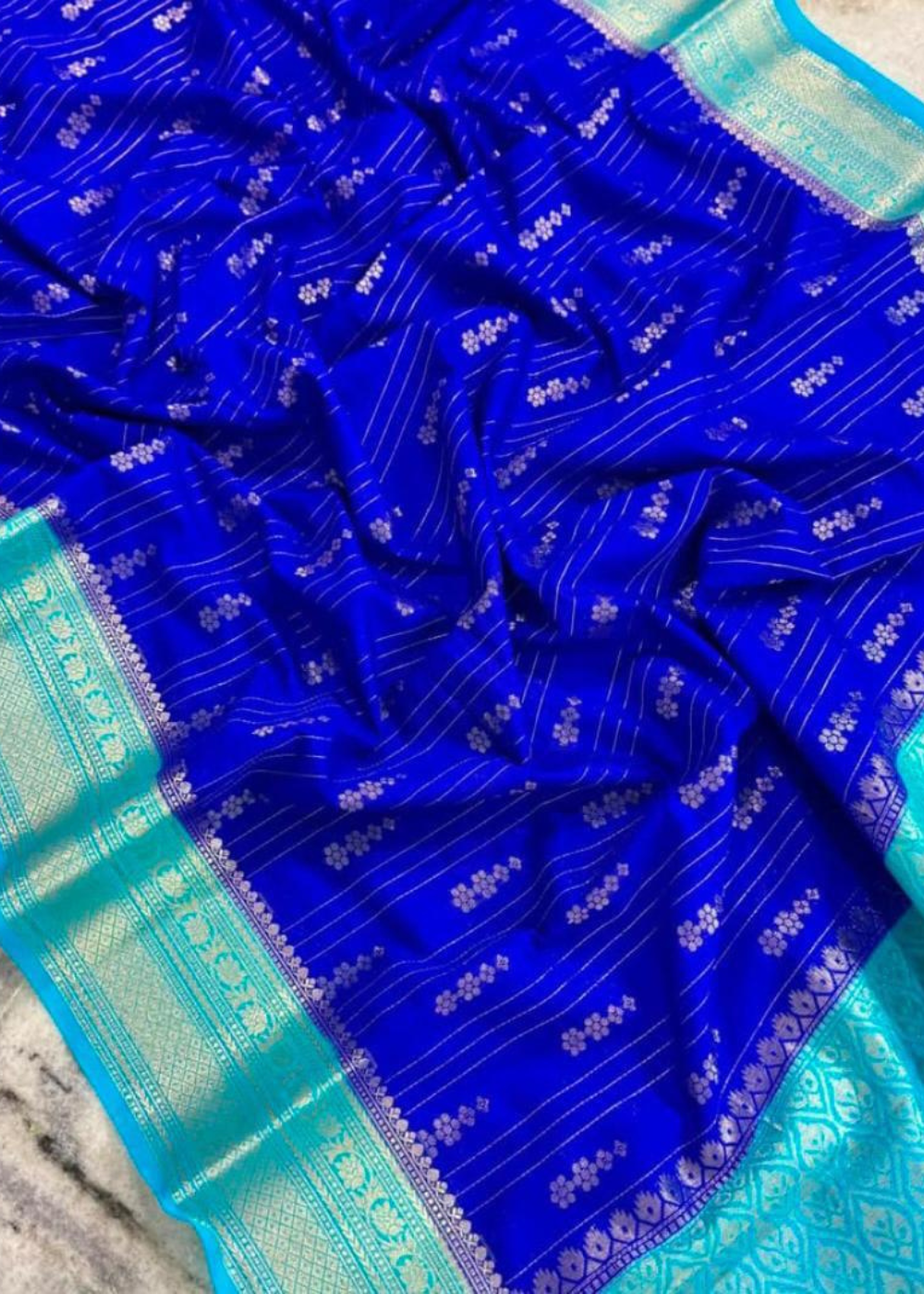 Blue Banarasi Kathan Gorgette Silk Saree
