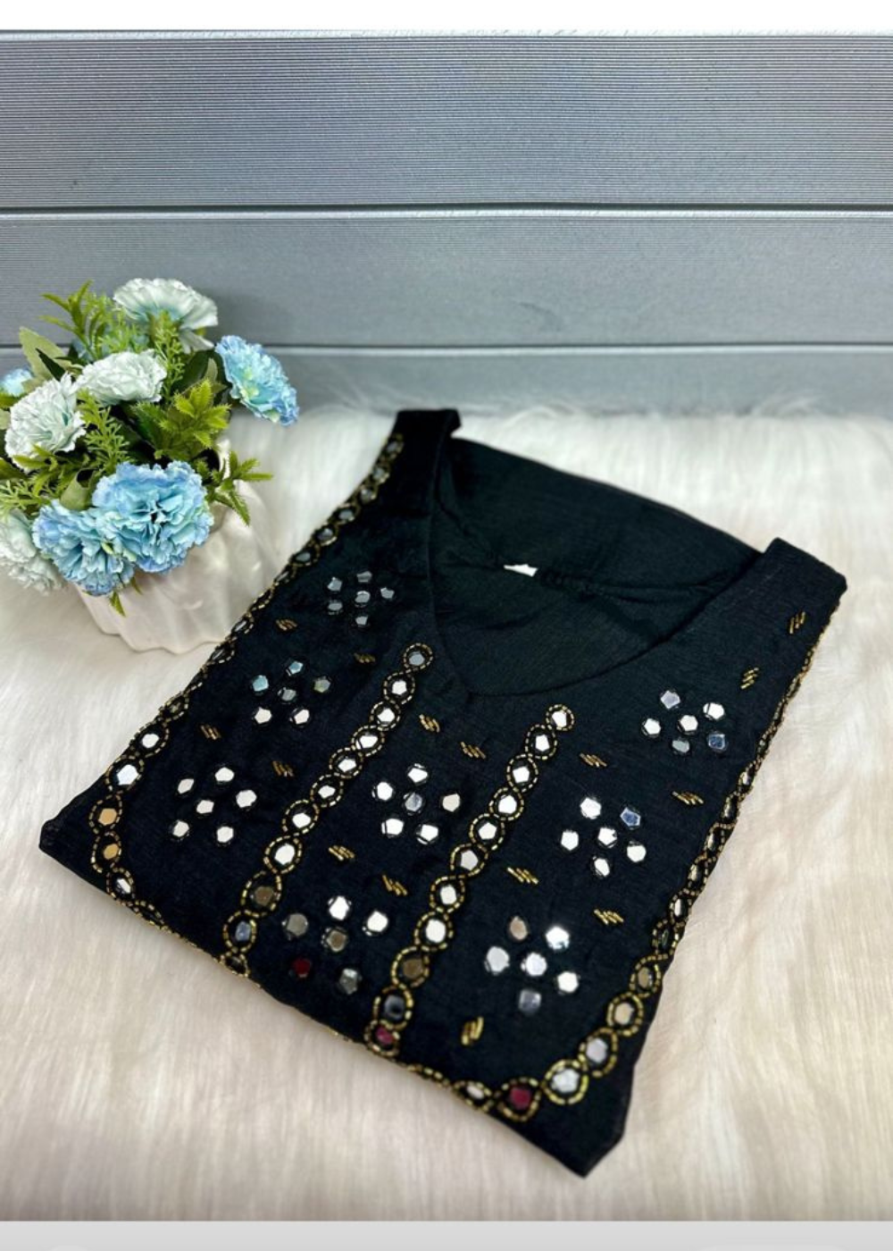 A-Line Mirror Work Vichitra Silk Kurties