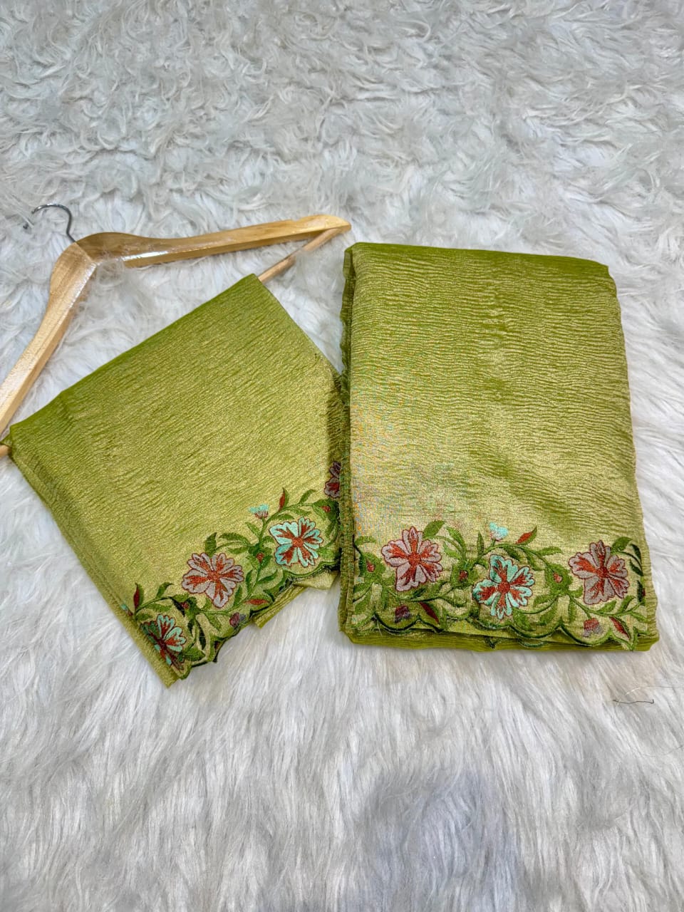 Olive Green Banarasi Crush Tissue Embroidery Cutwork Saree